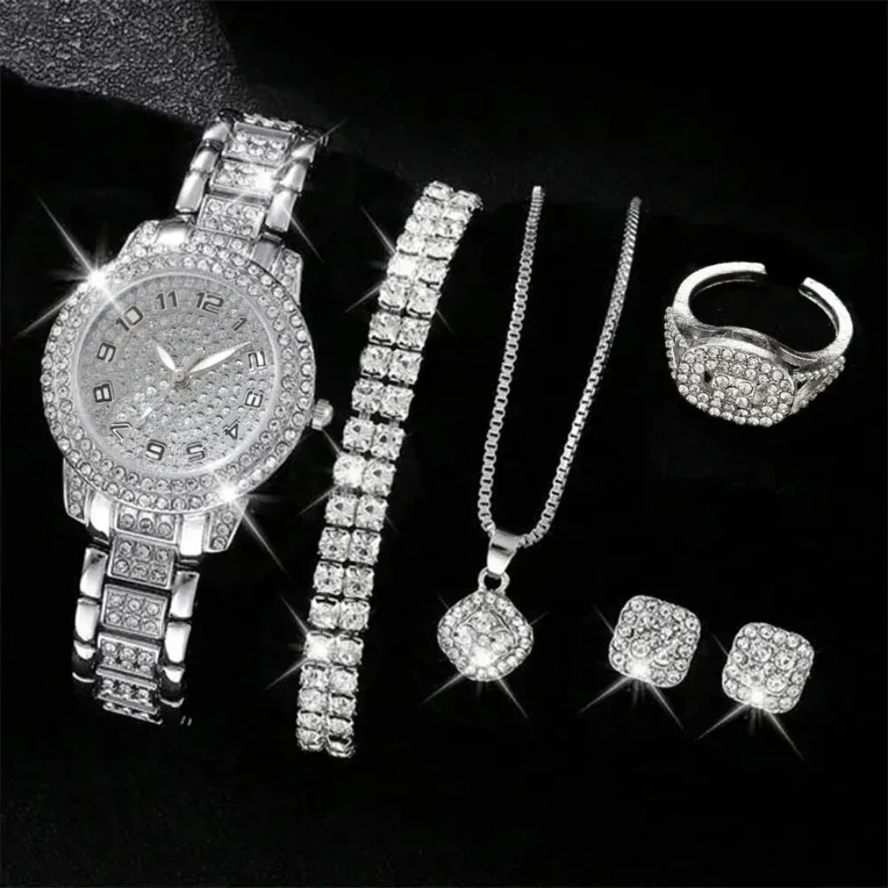 6PCS Women Jewelry Set - Luxury Elegant Alloy Crystal Wristwatch Dubai Style